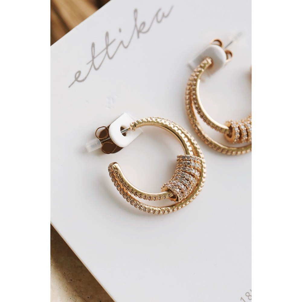 Ettika 18k Gold Plated Double Crystal Pave Ring Hoop Earrings NWT - Picture 2 of 3